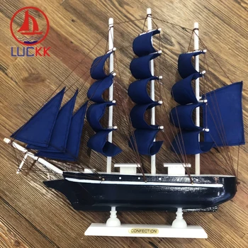 

LUCKK 33CM Mediterrean Style Wooden Figurine Dark Blue Ship Model Miniature Marine Sailing Boat Decor Desk Wood Crafts Ornaments