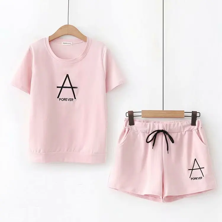 

2019 New Style WOMEN'S Dress Korean-style Sweet Large Lettered a Embroidered Students Short Sleeve T-shirt Casual Shorts WOMEN'S