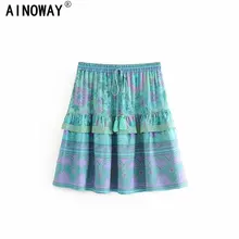 Винтажная шикарная модная женская юбка в стиле хиппи с цветочным принтом, Пляжная богемная юбка с оборками из вискозы и хлопка, мини-юбки в стиле бохо