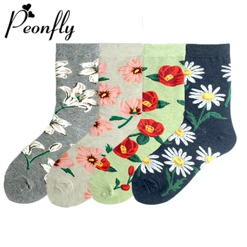 

PEONFLY Vintage Floral Printed Socks Women New 2020 Spring Summer Calcetines Funny Happy Female Harajuku Skate Cotton Socks