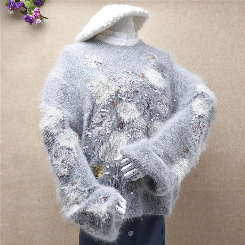 Body60cm chest104cm Женский модный вязаный свитер с цветами из меха кролика ангоры с круглым вырезом, Свободный пуловер с длинными рукавами-фонариками, зимняя норковая шуба - Цвет: Body60cm chest104cm