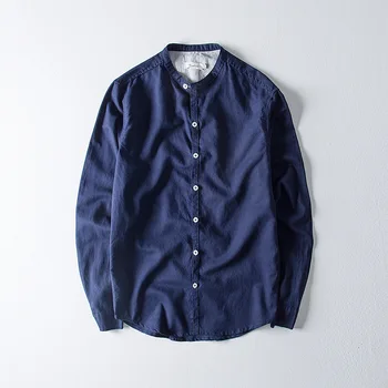 

COCO 2020 Men New Style Cotton Linen Long-sleeved Shirt Youth Solid Color Casual Flax Stand Collar Shirt