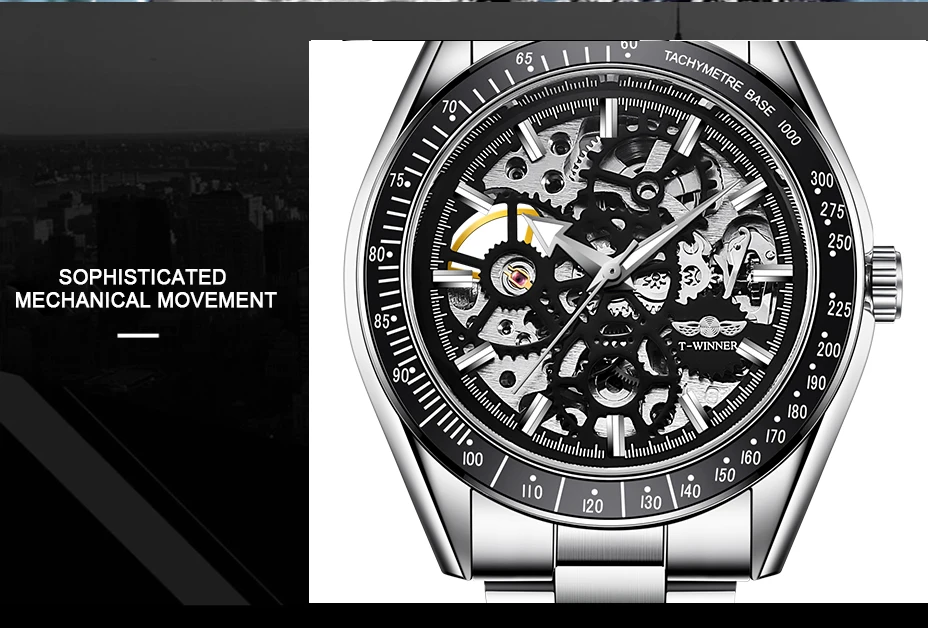 Top Brand Luxury WINNER Blue Glass Gear Movement Transparent Men Automatic Mechanical Watch Male 3D Skeleton Waterproof Watch