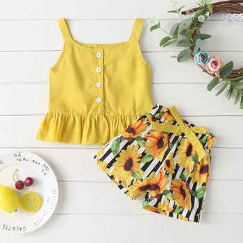 

2020 new girl summer sleeveless solid color top + sunflower printed pants cotton two-piece suit
