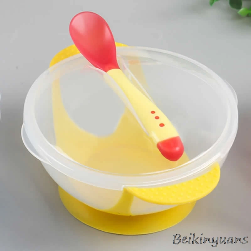 Yellow bowl set Температура зондирования bean детская посуда ложка еда для использования обучения Посуда Обслуживание тарелка/лоток присоска детская посуда - Цвет: Yellow bowl set