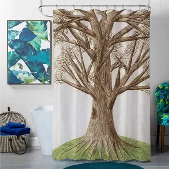 

Shower Curtains Elegant Tree of Life,Hand Drawn Pastoral Single Old Tree with Growing Branches on The Grass Print, Green