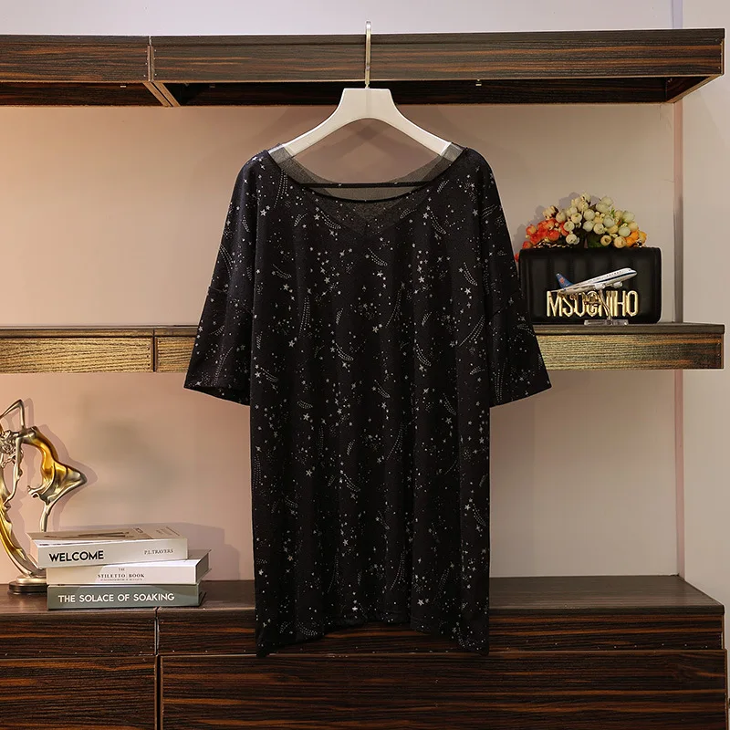 

2019 Summer New Style Plus-sized WOMEN'S Dress Large GIRL'S Fashion Slimming Star Sequins Mid-length T-shirt Women's