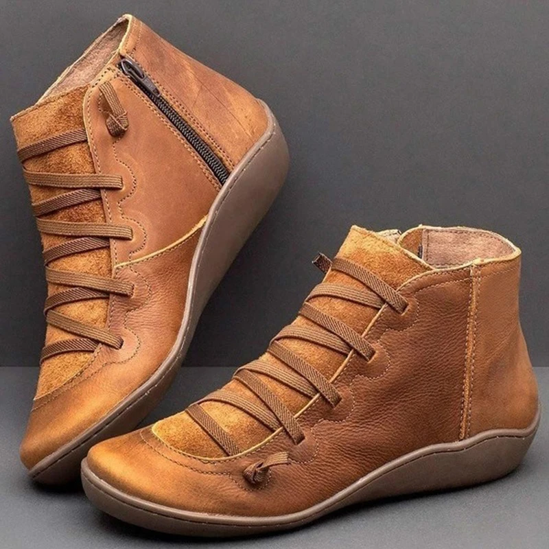 

GAOKE 2020 New Women PU Leather Casual Ankle Boots Comfortable Quality Soft Handmade Flat Shoe Yellow Red Work Martin Boots