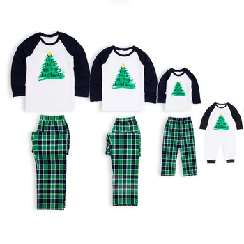 

PatPat Joy Christmas Tree Plaid Holiday Pajamas in Green Elastic Waistband Winter Cotton Family Christmas Set