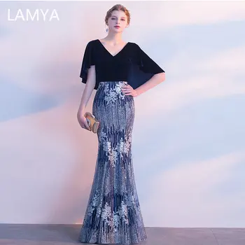 

LAMYA Women Sexy Lace Mermaid Evening Dress V Neck Appliques Prom Party Dresses Plus Size Evening Gown Robe De Soiree Simple