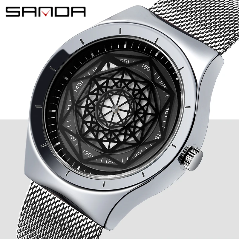 SANDA Unique Geek Watch Men Quartz Creative Turntable Dial Leather Mesh Strap Cool Male Wristwatch Luxury Clock Relogio Masculin