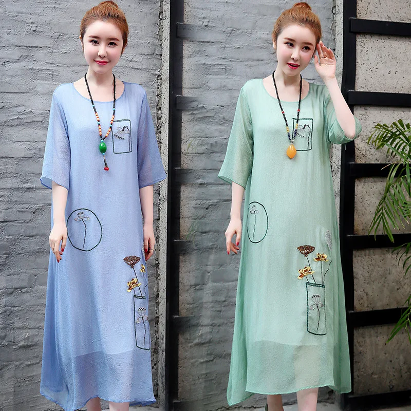 

2019 Summer New Style Cotton Linen Three-quarter-length Sleeve Dress Women's Retro Loose-Fit Embroidered Fake Two-Piece Ethnic-S