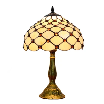 

12 inch European simple and creative Tiffany's stained glass bedroom bedside table lamp Glass,gem,bead,retro warm yellow lamp