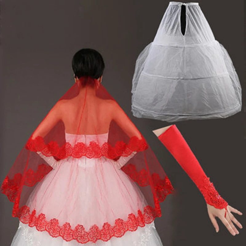 

2019 New Bride Wedding Accessories Red Lace Embroidery Gloves 3 Rings White Petticoat And Red Lace One-layer Veil Three Sets