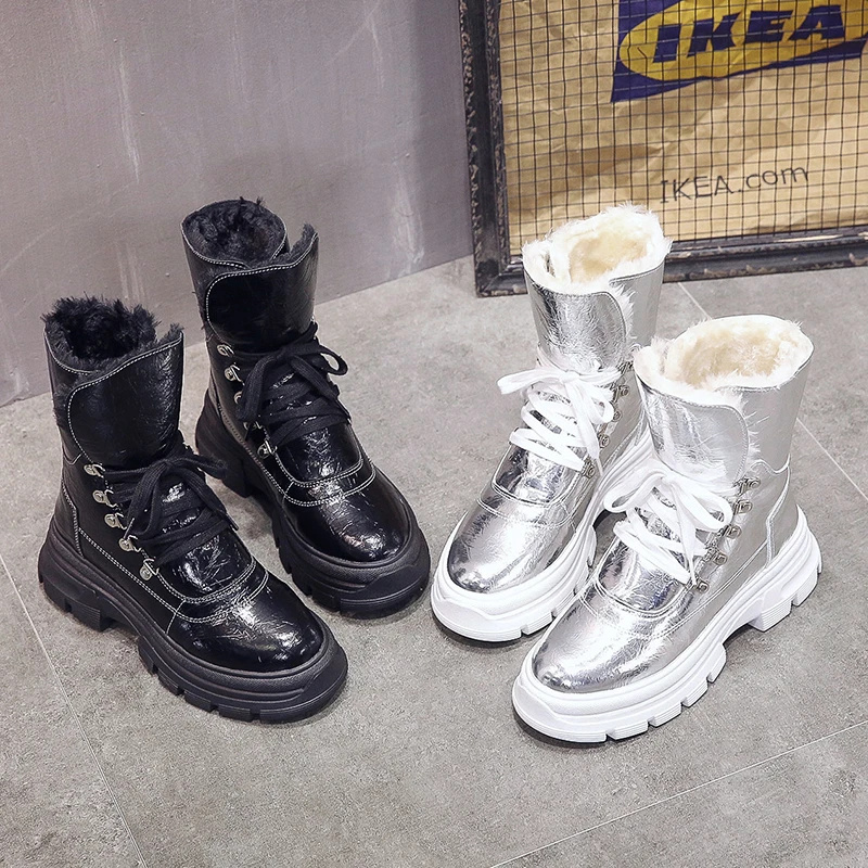 Г., новые дизайнерские высокие кроссовки Женская обувь Серебристые блестящие кожаные зимние кроссовки теплые меховые плюшевые кроссовки на платформе