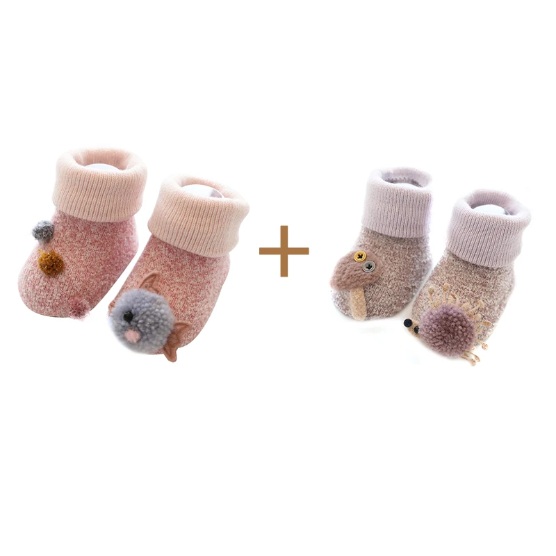 Winter Baby Socks Middle Tube Coral Velvet Animal Cotton Baby Girls Boys Socks Anti-Slip Warm Floor Socks 0-24 Months - Цвет: Pink and Khaki