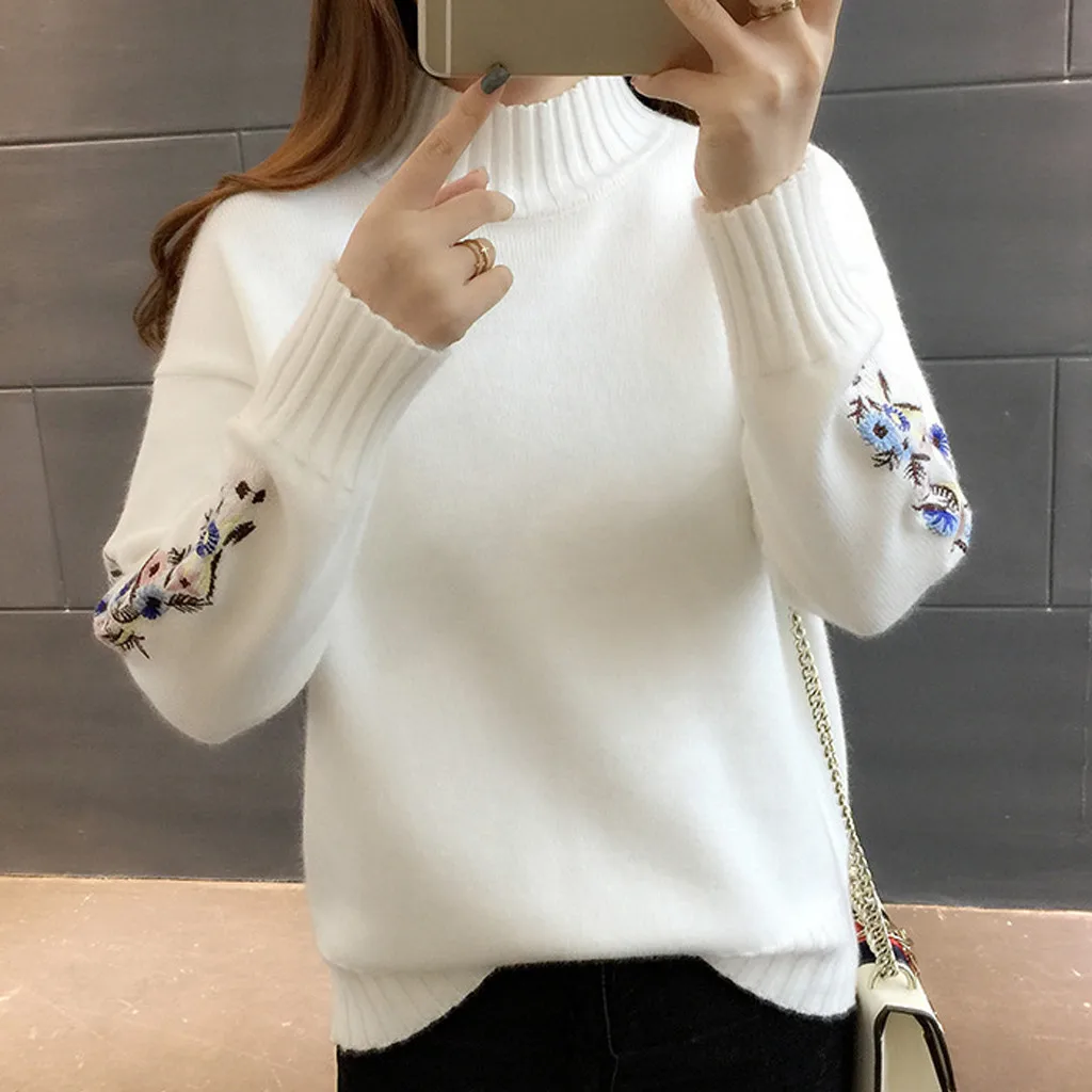 New Loose Thick Warm Winter Pullover Sweater Women Embroidery Jumper Half Turtleneck Long Sleeve Knit Yellow Sweater Female