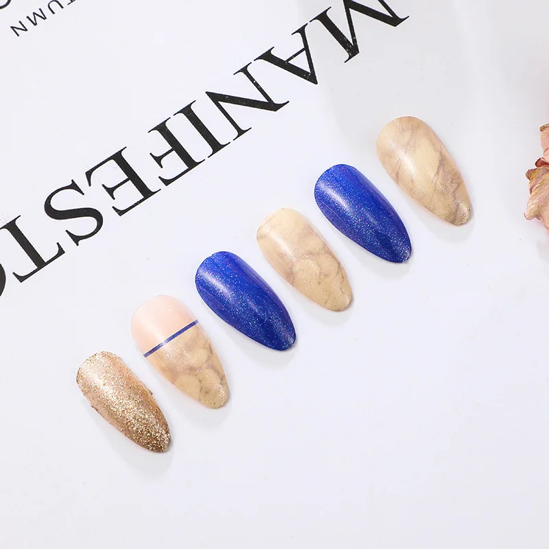 24PCS/box Loose Powder Jump Color Ballet Med-Length Fake Nails Gradient Aurora Marble Press on Full Cover Wearing Wearable Nails