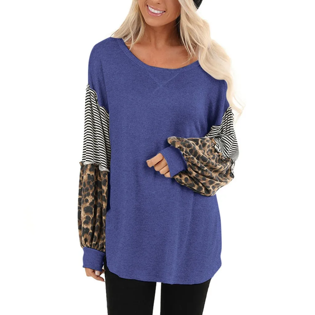 Women Leopard Print Round Collar Long Sleeve Splicing Striped Hoodies Lady Casual Tops Patchwork Pullovers Sweatshirts Mujer