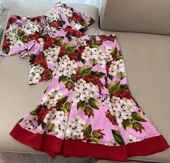

High Quality runway floral print cloak collar top + fishtail long skirt suit set 2 piece set women luxury chic skirt set S182
