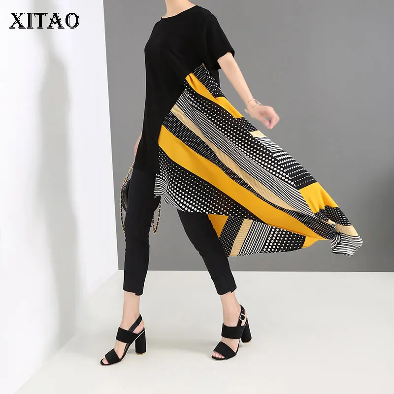 

XITAO Patchwork Dot Irregular Black Dress Women Korean Fashion Pullover Short Sleeve Tide Dress Clothes 2019 Summer WLD2416