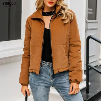 

Women Cotton Coat Long Sleeve Turn-down Collar Solid Zipper Outwear Autumn, Winter Casual With Pockets