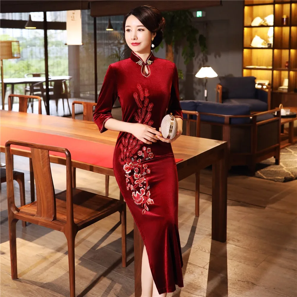 Шанхай история бархат Cheongsam китайское платье вышивка Qipao длинное