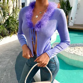 

Women Sexy T Shirt Bow Lace-up Solid Color Spring Long Sleeve Purple Tee Shirt Femme Tops