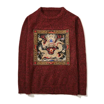 

New Autumn Winter Dragon Embroidery Men Sweater Long Sleeve O-neck Knitted Pullovers Boys Plus Size 5XL Casual Mens Sweaters