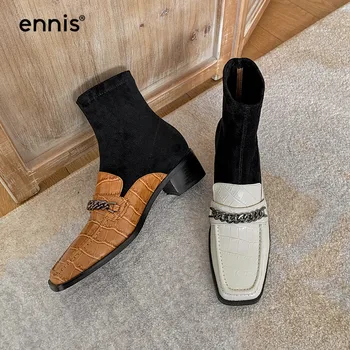 

ENNIS Chain Ankle Boots Stretch Square Toe Low Heel Boots Women Genuine Leather Boots Mixed Color Stone Pattern Shoes NEW A0065