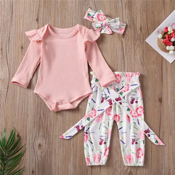 

Newborn Baby Girls clothes Bandage Flower print Pants bow Headband solid Ruffle long sleeve round neck Bodysuit 3pc kids Outfits