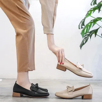 

New Sping Summer Autumn Women Soft Casual Simple Knot Square Low Middle Heel Ladies Shoes Oxfords Lazy Slip on Loafers