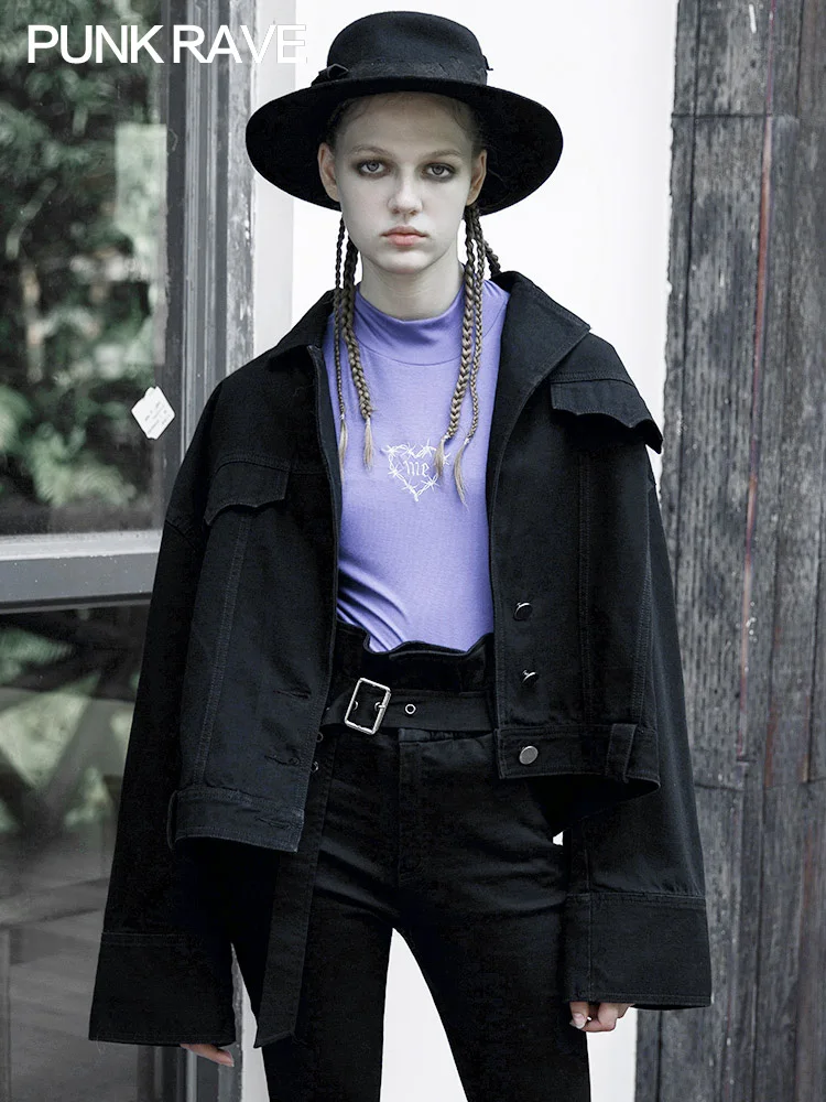 

PUNK RAVE Punk State Dark Loose Denim Jacket Female Bat V-neck Short Cardigan Long-sleeved Shirt Autumn