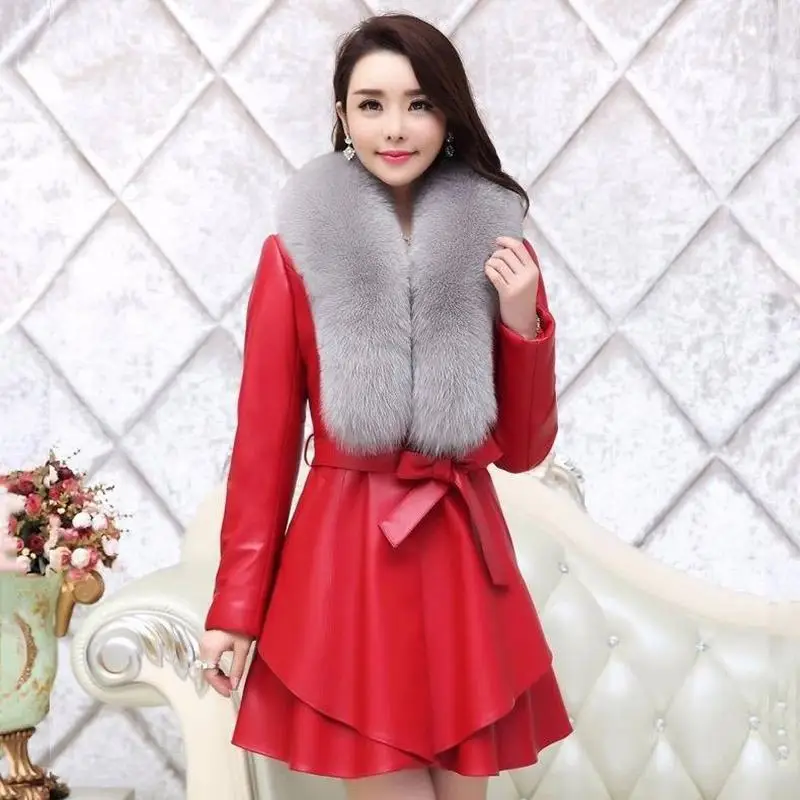 red Женское зимнее элегантное короткое пальто из искусственного меха, Женская куртка из искусственной кожи, толстая теплая верхняя одежда из искусственной кожи, большие размеры 4XL T125 - Цвет: red