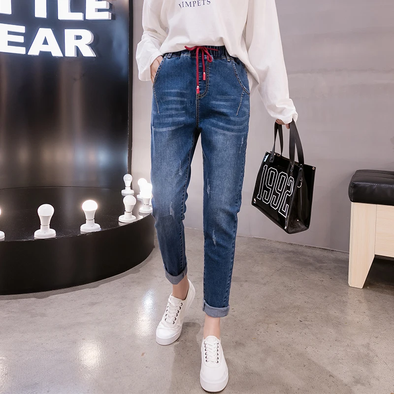 

Women Black blue Elastic Jeans Vintage High-Waist Plus-Size Fashion Female Slim Washed Harem Pants Boyfriends Mom Denim Trousers