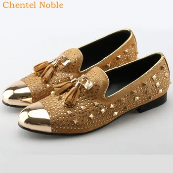 

Chentel Noble Suede Leather Metal Head Men Casual Shoes Party Dress Shoes Men Flats So Hot Gold Studded Banque Fashion Male