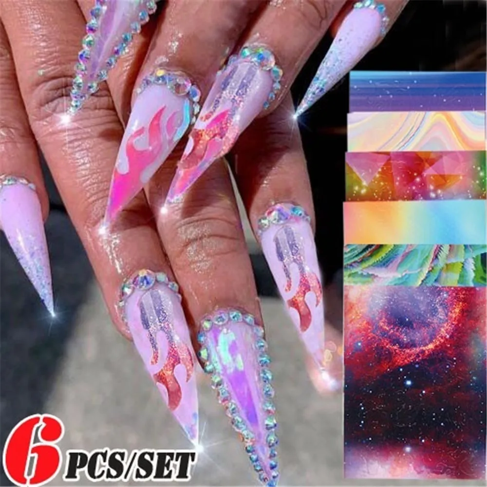 6Pcs/Set Fire Holographic Nail Sticker Leaf Self Adhesive Decal Thin Laser Stripe Sticker Diy Nail Foil Nail Art Sticker
