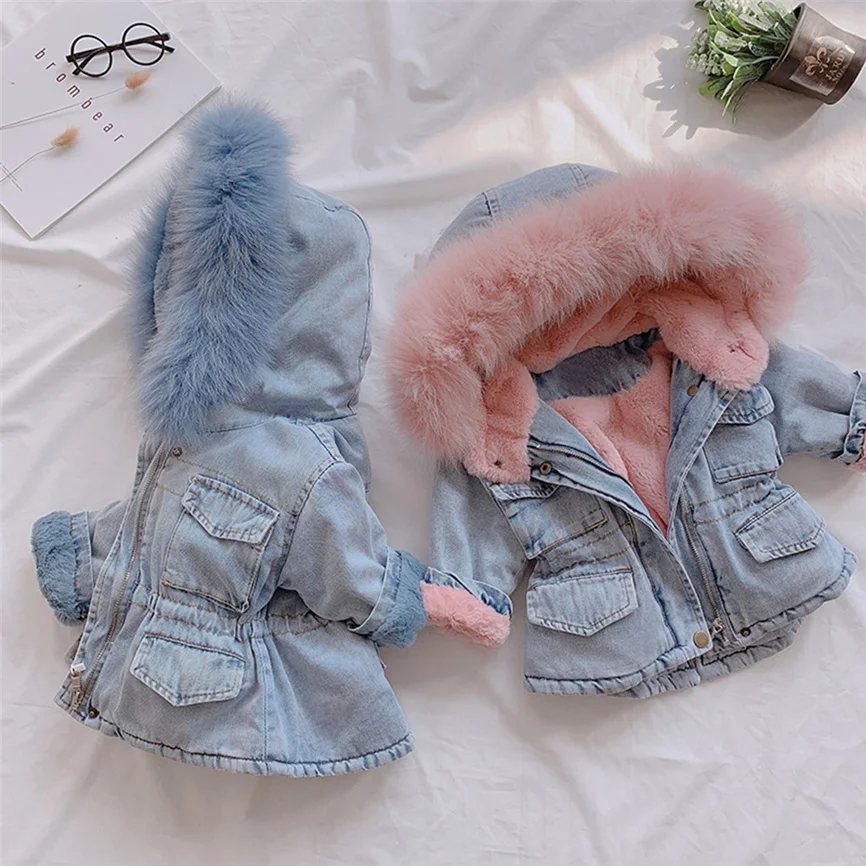 

Jean Jacket Kids Toddler Baby Girls Jackets Fashion Hooded Faux Fur Fleece Clothes Keep Warm Thicken Soft Denim Coat Outwear