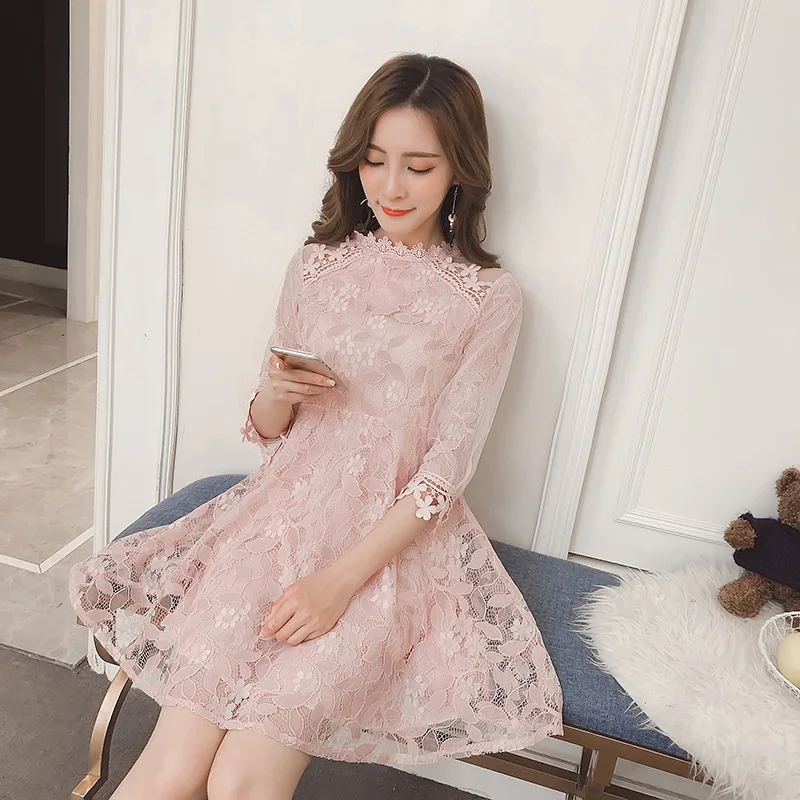 

Spring Clothing Sweet Ladies' Lace Flower Joint Puff Sleeve High-waisted Waist Hugging Slimming A- line Dress New Style