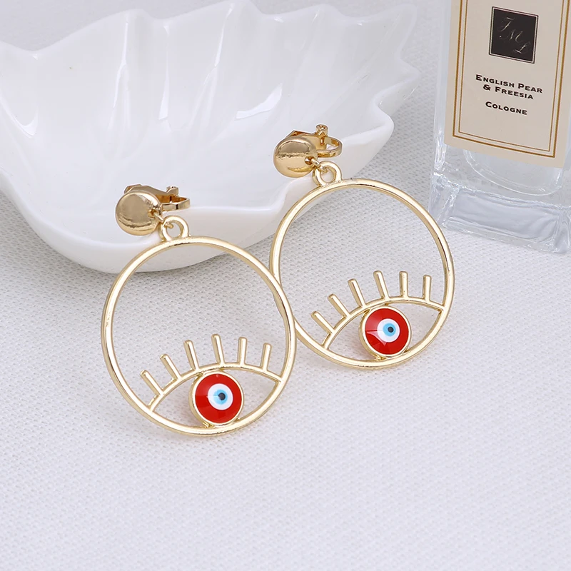 

Geometric Big Circle Enamel Evil Eye Clip on Earrings for Girl Gold Color Band Elegance Lucky Turkish Evil Eye Round Ear Clips