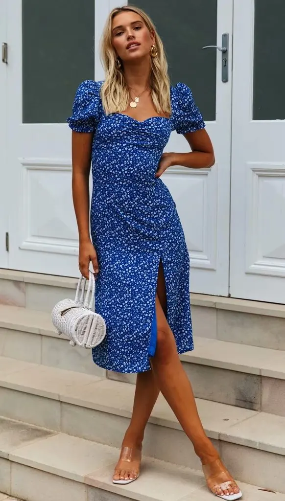 Синий цветочный принт с разрезом сбоку платье в винтажном стиле Сезон лето