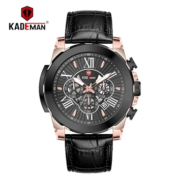 

KADEMAN Luxury Brand Men Watches 6 Hands with Chronograph Calendar Roman Numerals Fashion Male Leather Quartz Wristwatch