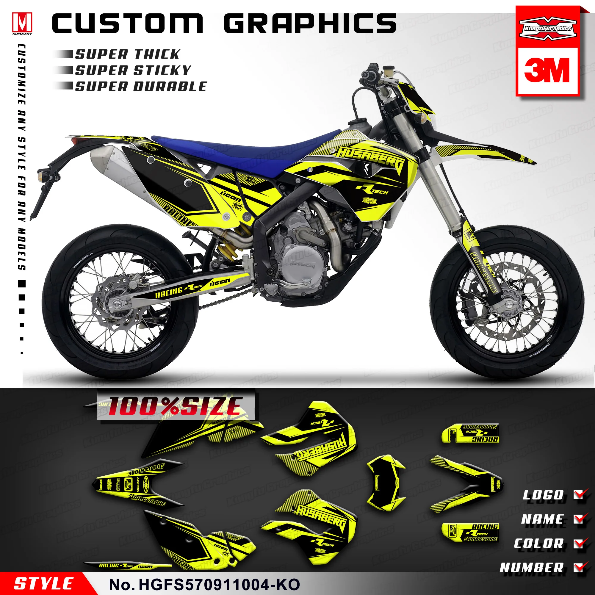 KUNGFU GRAPHICS Personalised Stickers Motocross Decals for Husaberg FE 390 450 570 FE390 FE450 FE570 2009 2010 2011 2012 Black