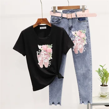 

Summer 2pc Women Beading Print Cotton Tshirt Pencil Denim Pants Set Korean Loose Tee shirt Jeans Female Casual Two Piece Outfits