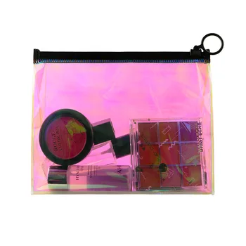 

Wholesale Hologram Laser TPU Stand Up Cosmeics Samples Bags Zipper Ring Handle Plastic Blank Promotional Gift Pouches 100pcs/lot