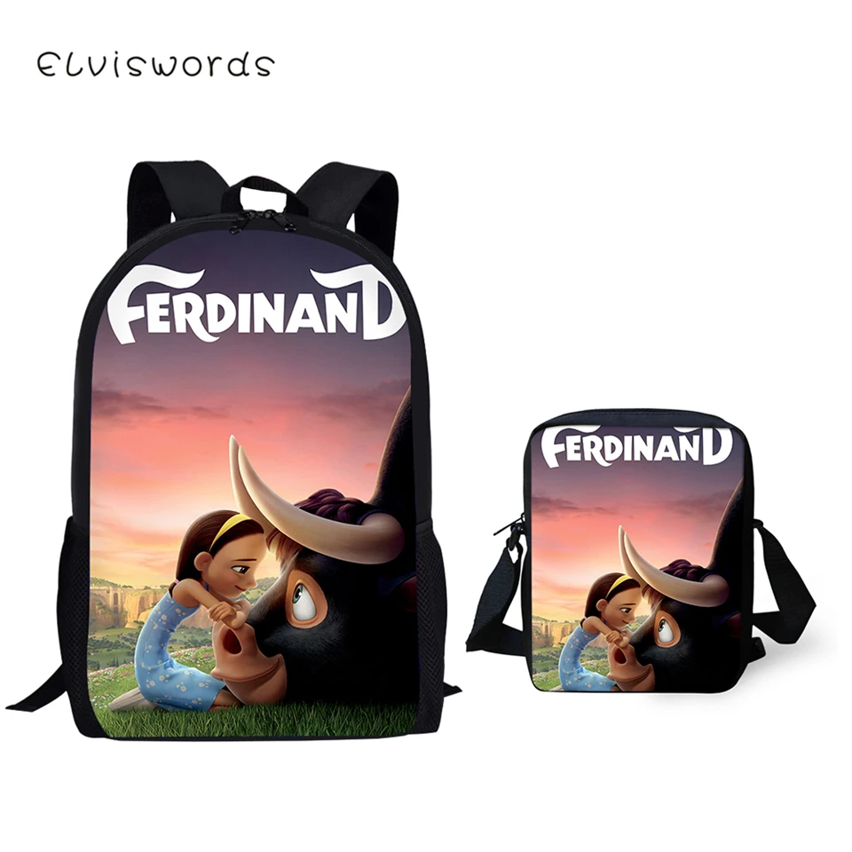 Модный детский рюкзак ELVISWORDS, комплект из 3 предметов, школьные сумки с узором Ferdinand, рюкзак для школьников Kawaii Animal, рюкзак/сумки с откидным клапаном/пеналы для ручек
