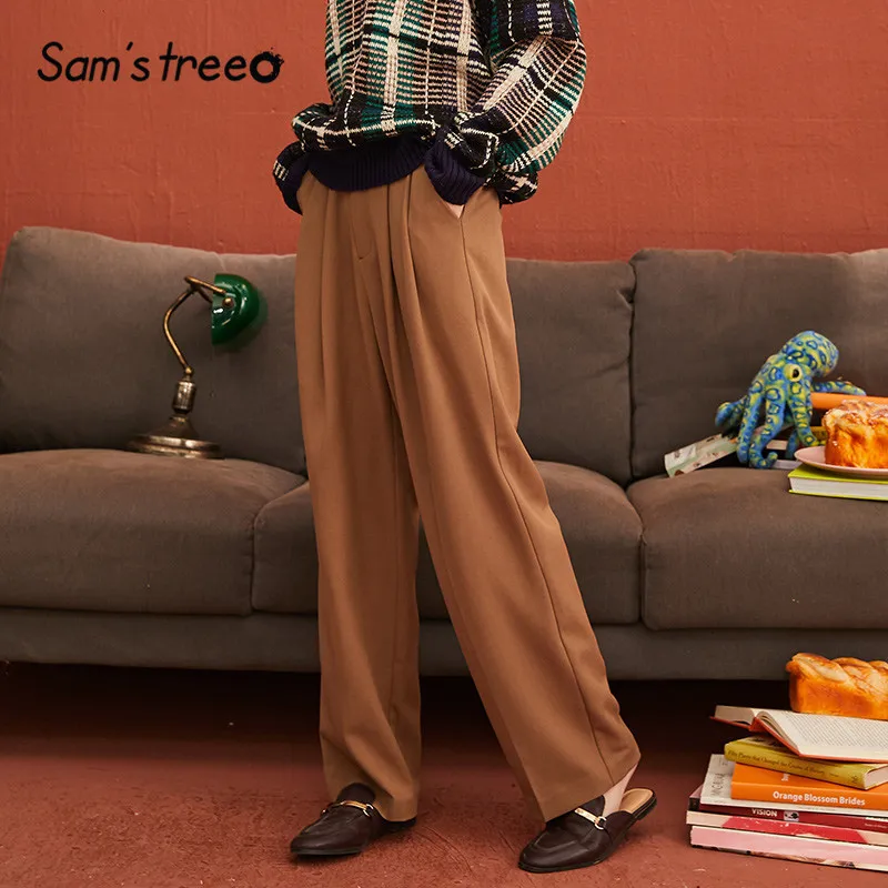 SAM'S TREE хаки однотонный минималистичный стиль Широкие брюки женский костюм брюки зима чистый молния Талия повседневные свободные офисные женские брюки