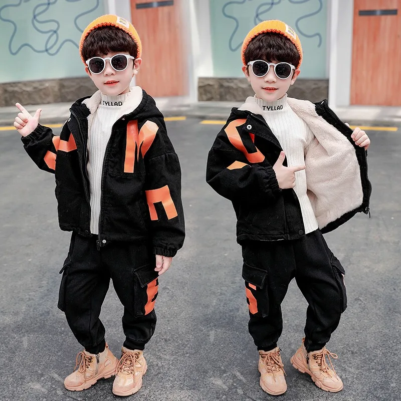 

Children's suit 2020 winter Thickening suit, new middle and children's plain color cowboy rabbit parker suit