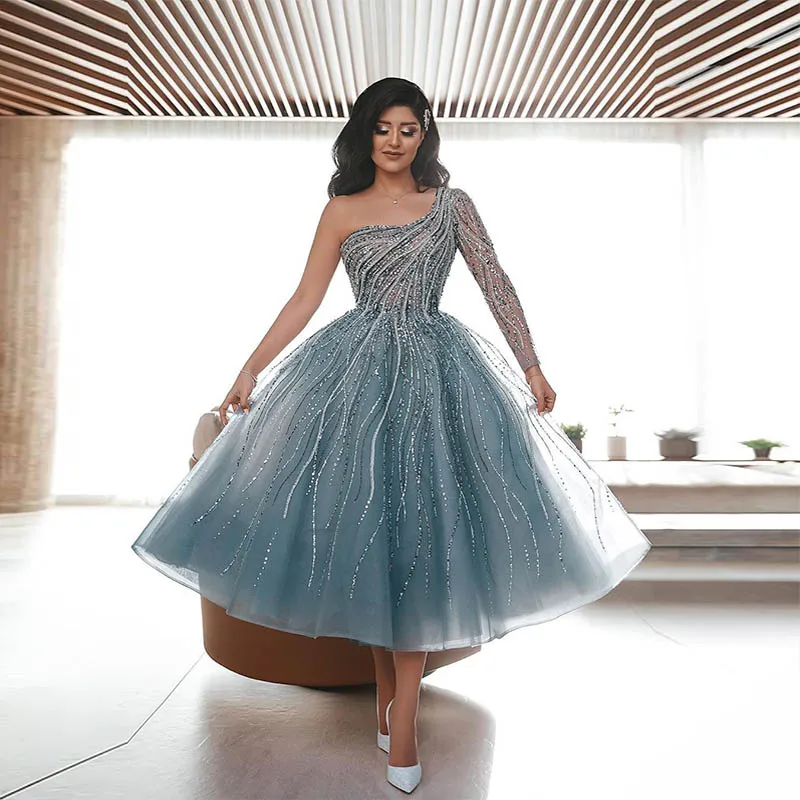 Dusty Blue One Shoulder Short Evening Dress Luxury Long Sleeve Tulle