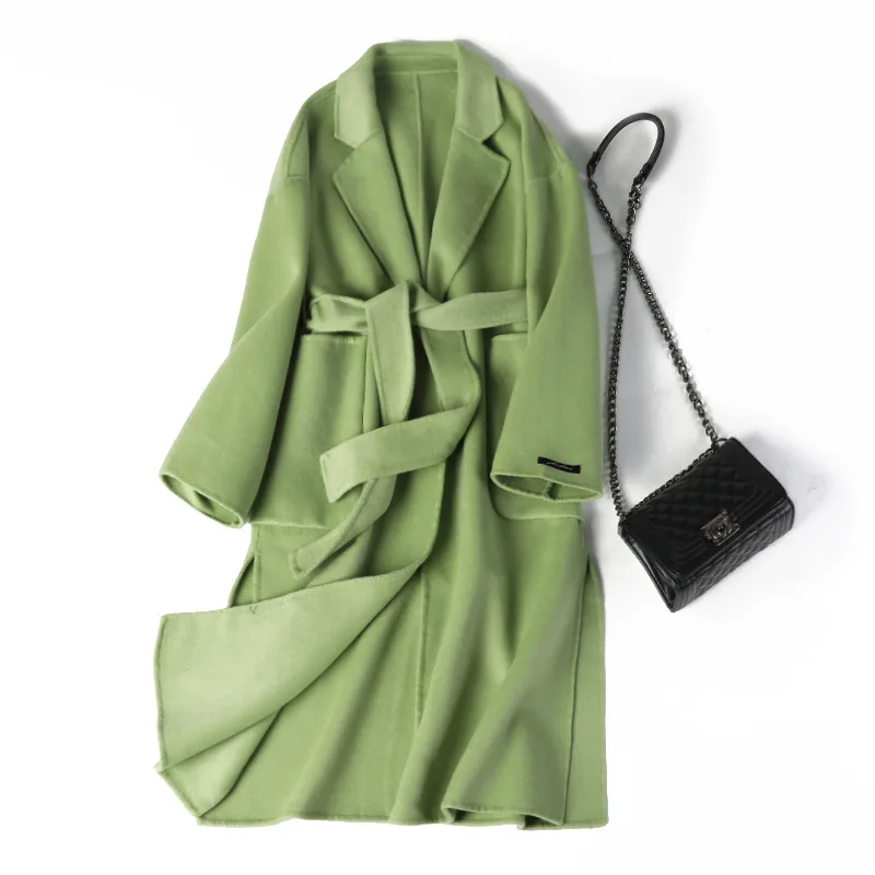 avocado green Новое осеннее и зимнее двухстороннее шерстяное пальто женское длинное шерстяное пальто женское корейское свободное тонкое OL кашемировое пальто NS1456 - Цвет: avocado green